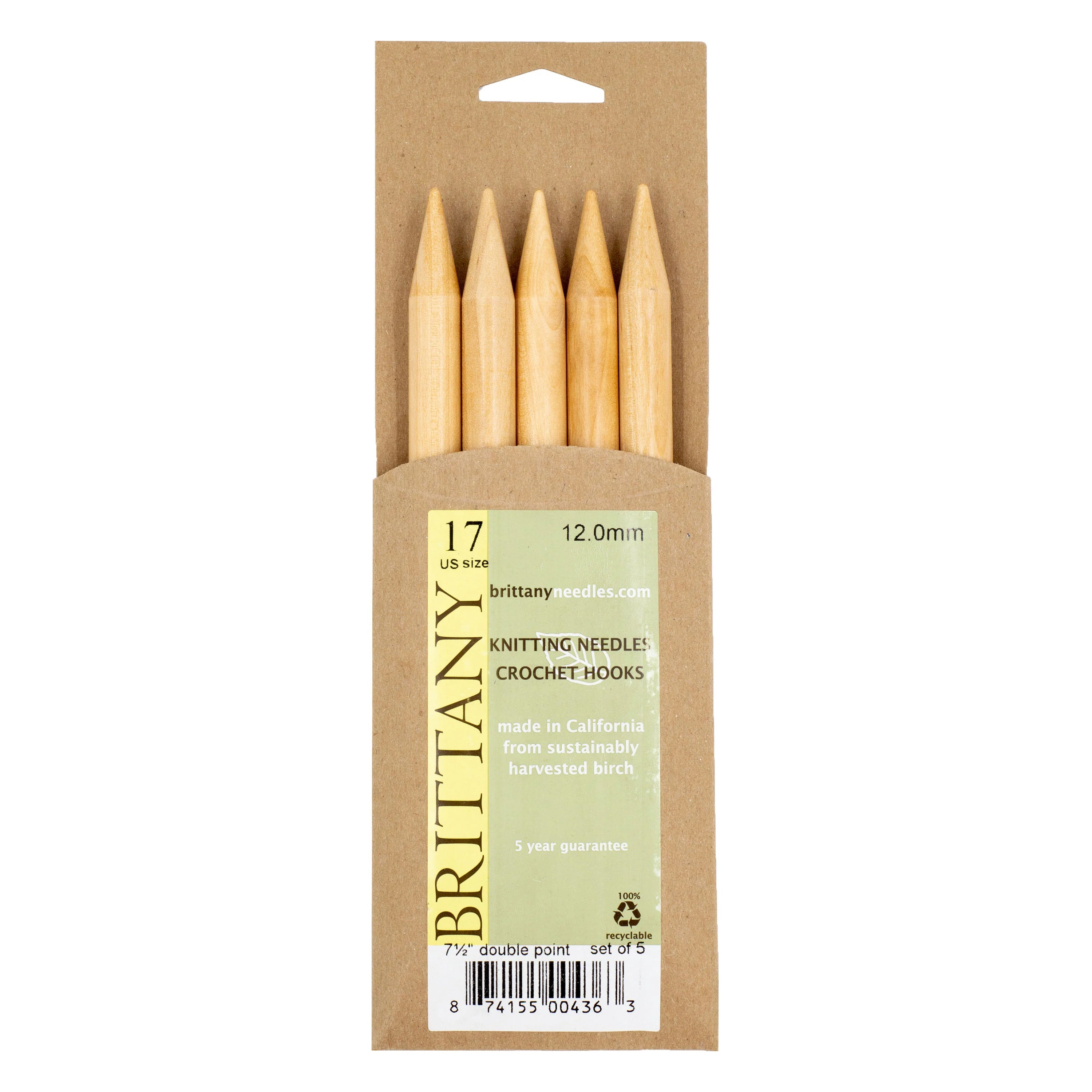 Brittany Birchwood Double Pointed Knitting Needles 7.5" (Sizes 3 to 17)